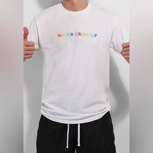 NEVER GROW UP WHITE BAYLEN LEVINE T-SHIRT MERCH: BARELY USED.
